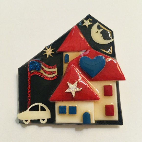 Lucinda House Pins ’ BROOCH’,  4th of July, Red White Blue Flag Star Heart Moon - Picture 3 of 6